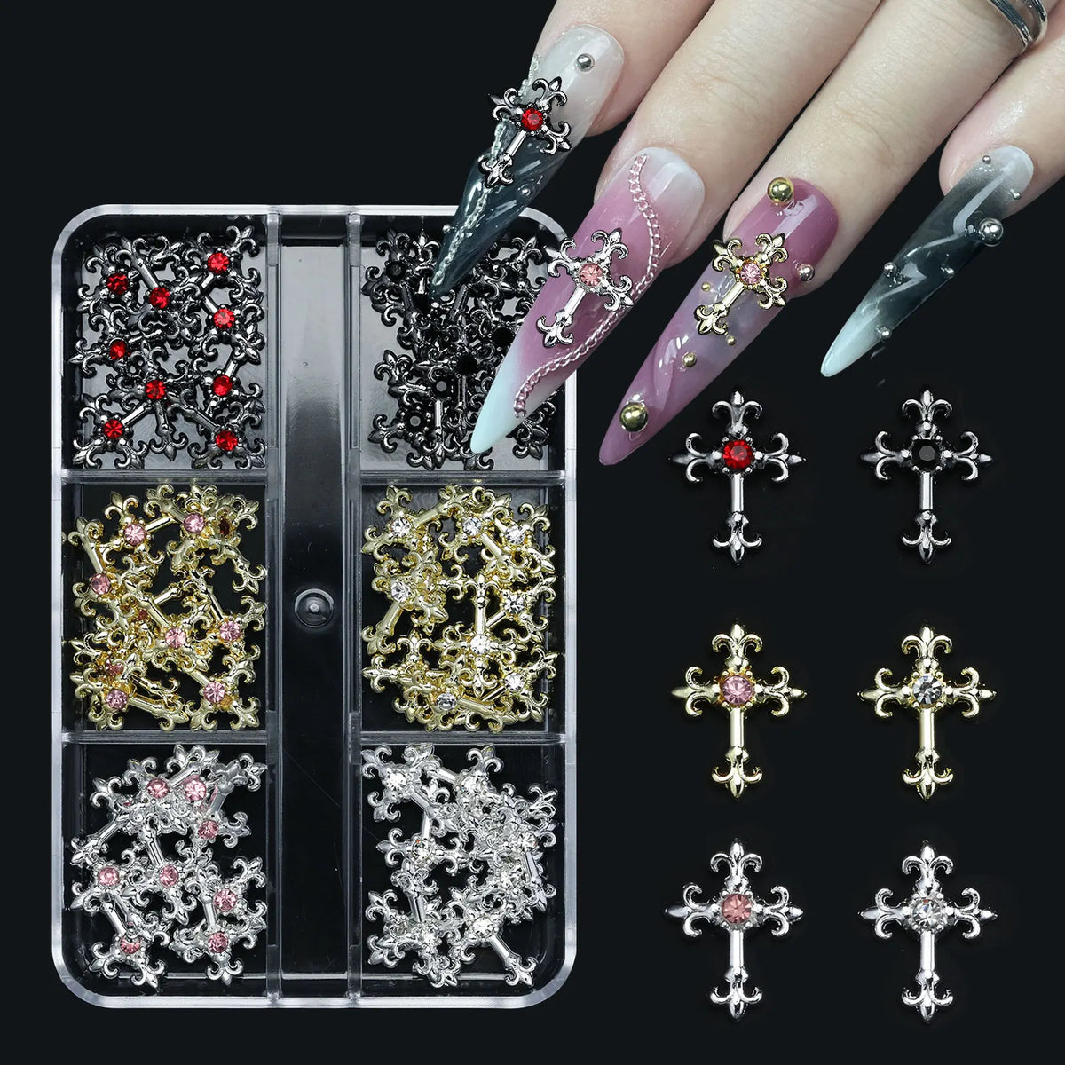 Boxed Retro Alloy Y2K 3D Cross Nail Art Jewelry With Rhinestones Punk Nail Art Charm Accessories DIY Nail Decorations