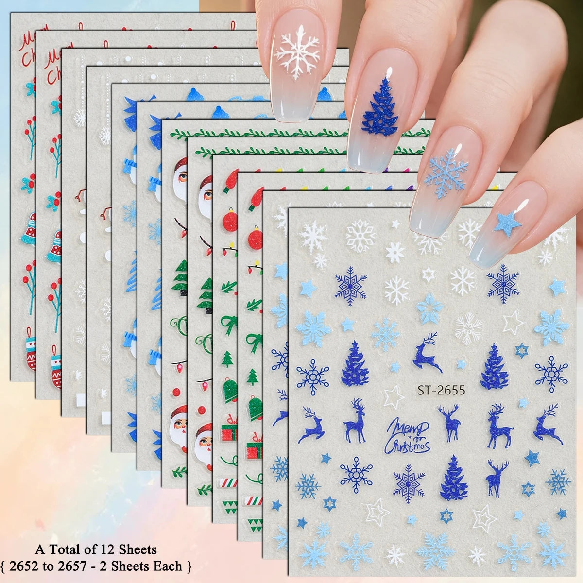 3 to 12 Sheets 3D Christmas Santa Snowman Reindeer Tree Snowflake Lights Gnome Self-Adhesive Nail Art Stickers