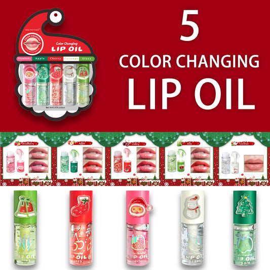 Christmas lip gloss gift box, long-lasting moisturizing and color changing lip oil, high gloss effect lip gloss 5- pieces