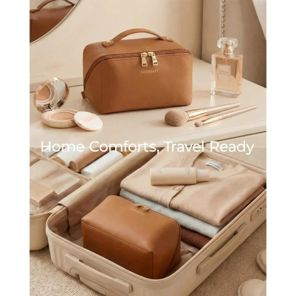 Travel Makeup Bag with Double Zipper Large Capacity Cosmetic Organizer with Handle, Portable Toiletry Storage for Women