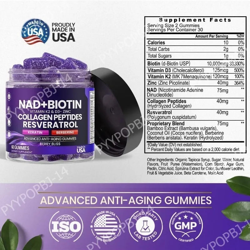 Biotin Collagen Gummies with NAD+ Resveratrol Vitamin D3 K2 Zinc Daily Beauty Wellness Supplement 60 Count Berry Flavor