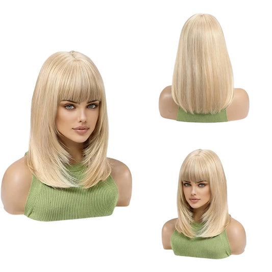 #613 Platinum Blonde Short Bob Wig with Bangs Natural Straight Shoulder Length Wig Heat Resistant Synthetic Daily Wear Full Wig