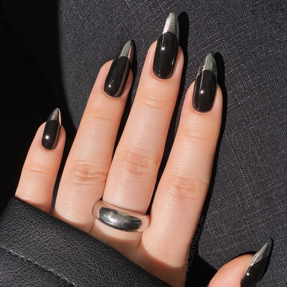 24pcs Pure Black Fake Nails Almond Fashion Charm Manicure Reusable False Nails For Spicy Girls Wearable Press On Nail Patch