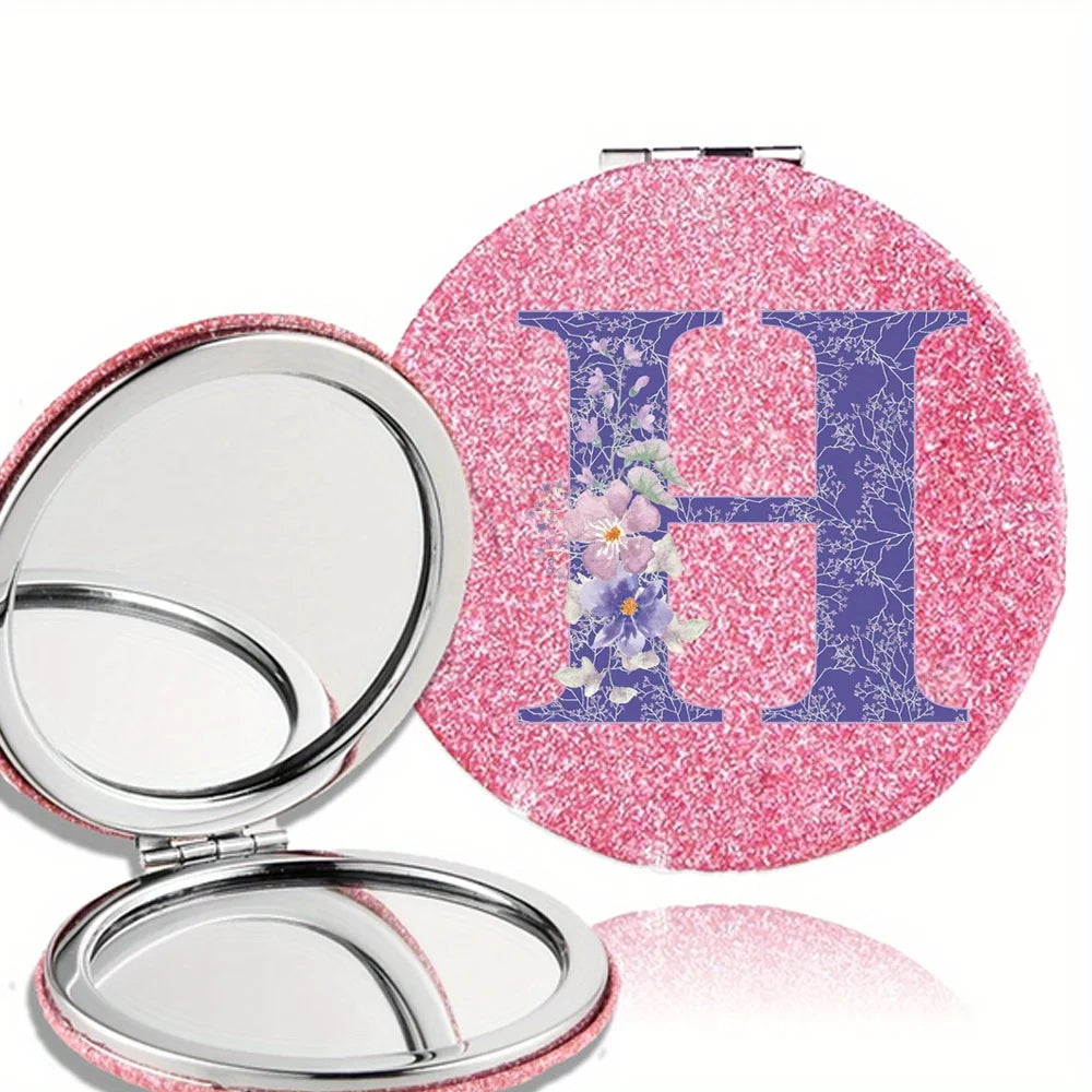 Women Folding Makeup Mirror Facial Beauty Makeup Care Tool Durable PU Surface Waterproof Ideal Party Gift Pink Flower Pattern