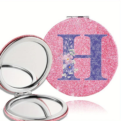 Women Folding Makeup Mirror Facial Beauty Makeup Care Tool Durable PU Surface Waterproof Ideal Party Gift Pink Flower Pattern