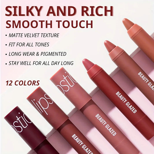 BEAUTY GLAZED Matte Pearl Lipstick Pens: Long-Lasting, Waterproof, And Non-Stick for All Skin Types - 12 Colors