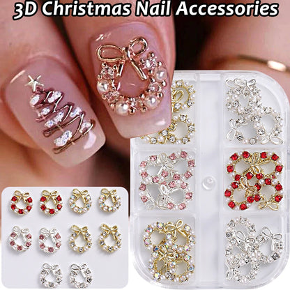 3D Christmas Nail Art Charms; Gold & Silver Bows and Wreaths; Cute Winter Designs for DIY Manicures and Salon Accessories