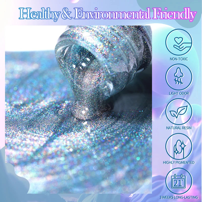 BORN PRETTY 10ml Rainbow Glass Cat Magnetic Nail Gel Polish Sparkling Double Light Reflective Glitter Colorful Laser Varnish