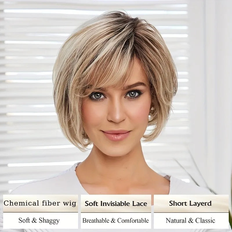 Highlighted bob short straight hair synthetic wig, suitable for white women's daily wear wig accessories