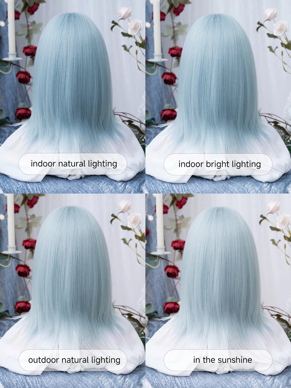 16Inch Lolita Ice Blue Synthetic Lolita Wig With Bang Medium Natural Straight Hair Wigs for Women Daily Cosplay Heat Resistant