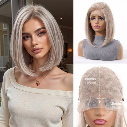 13x6 HD Transparent Lace Front Bob Wig 12" Short Straight Highlight Brown Blonde Synthetic Wigs for Women Glueless Pre Plucked