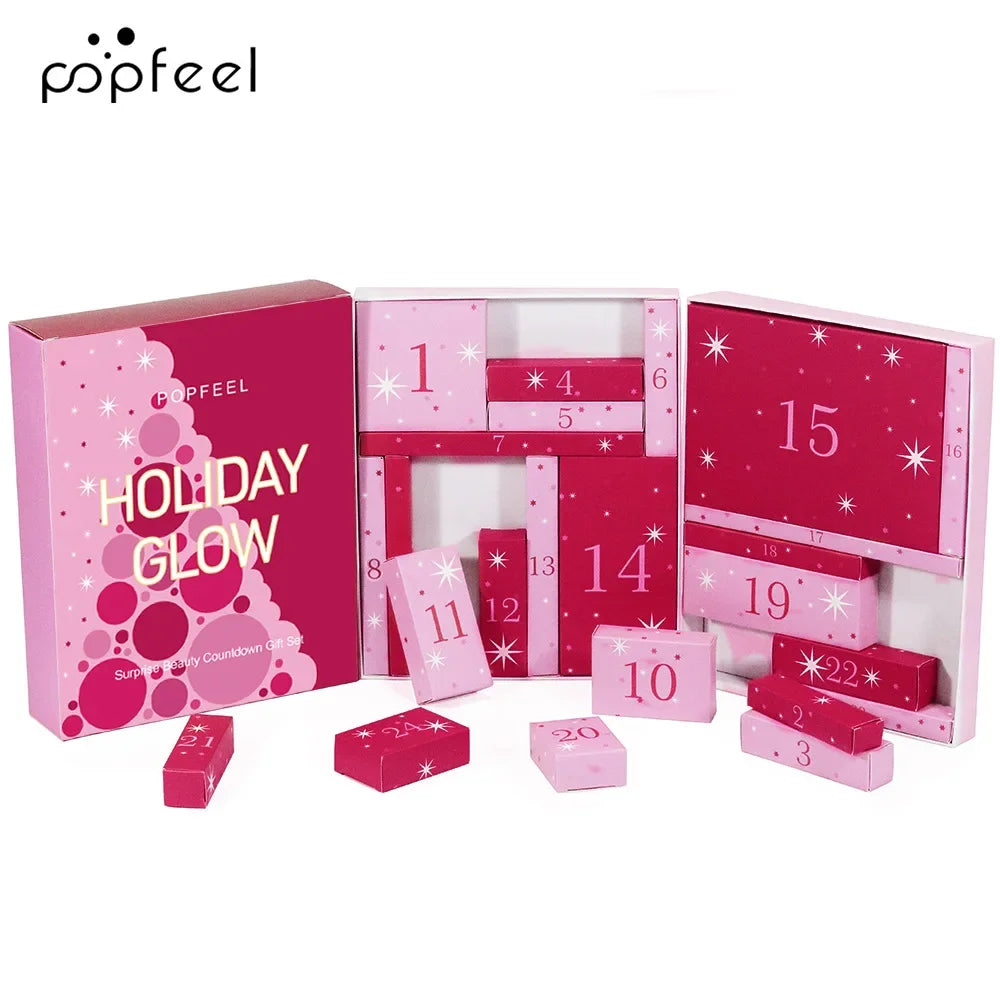 Christmas Countdown Makeup Set 24pcs Lipstick Blush Eye Shadow Cosmetics Holiday Beauty Advent Calendar Gift Box for Women Girls