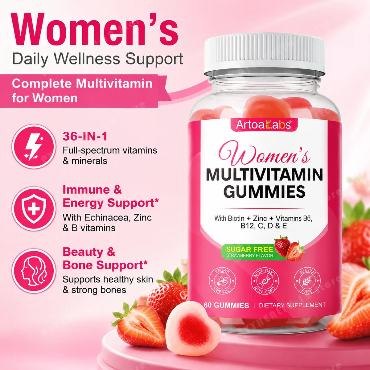 Women's Multivitamin Gummies, 36‑in‑1 Vitamins Minerals with Biotin & Zinc for Skin Hair Nails, Energy Bone & Immune, 60 Count