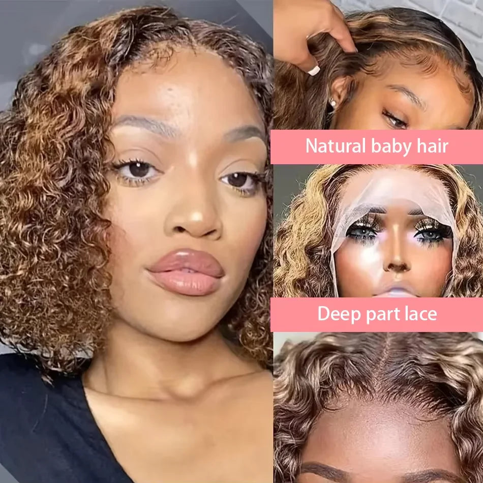 Deep Wave Highlight 13x4 HD Lace Front Bob Wigs Water Wave Human Hair Lace Frontal Wig 10-16 Inch 4/27 Color Preplucked Hair Bob