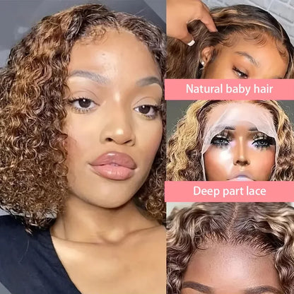 Deep Wave Highlight 13x4 HD Lace Front Bob Wigs Water Wave Human Hair Lace Frontal Wig 10-16 Inch 4/27 Color Preplucked Hair Bob