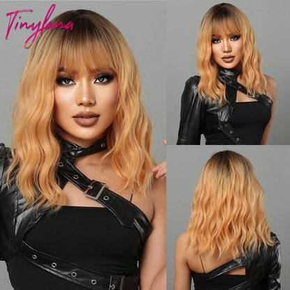 Curly Short Bob Brown Wavy Synthetic Wigs with Bangs Lolita Cosplay Brown Wig for Women Natural Daily Party Hair Heat Resistant