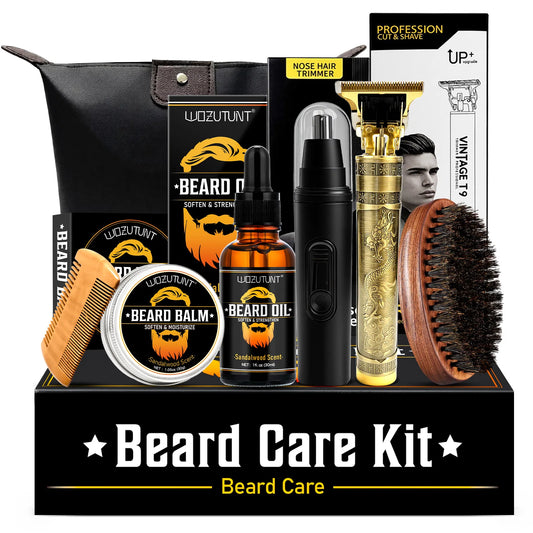 Beard Grooming Kit For Men With Vintage T9 Beard Shaver Nose Trimmer Sandalwood Beard Oil Balm Brush Comb Beard Care Kit Gift Set for Men