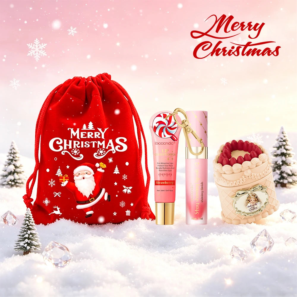 Christmas Limited 2‑in‑1 Lip Gift Set Strawberry Cake Mousse Matte Lip Mud Santa Red Velvet Pouch Lip Balm Lip Oil 7 Shades