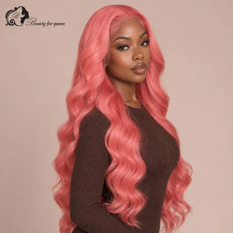 Coral Pink Body Wave Wig Long HD Lace Soft For Women Heat Friendly Voluminous Middle Part Smooth 180 Density Quality Sleek