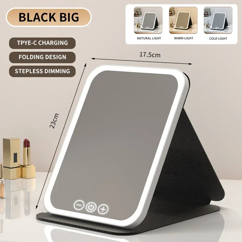 Makeup Mirror LED Dimmable Portable Foldable Design with Touch Screen 3 Colors Light Stepless USB Charging for Beauty Fashion