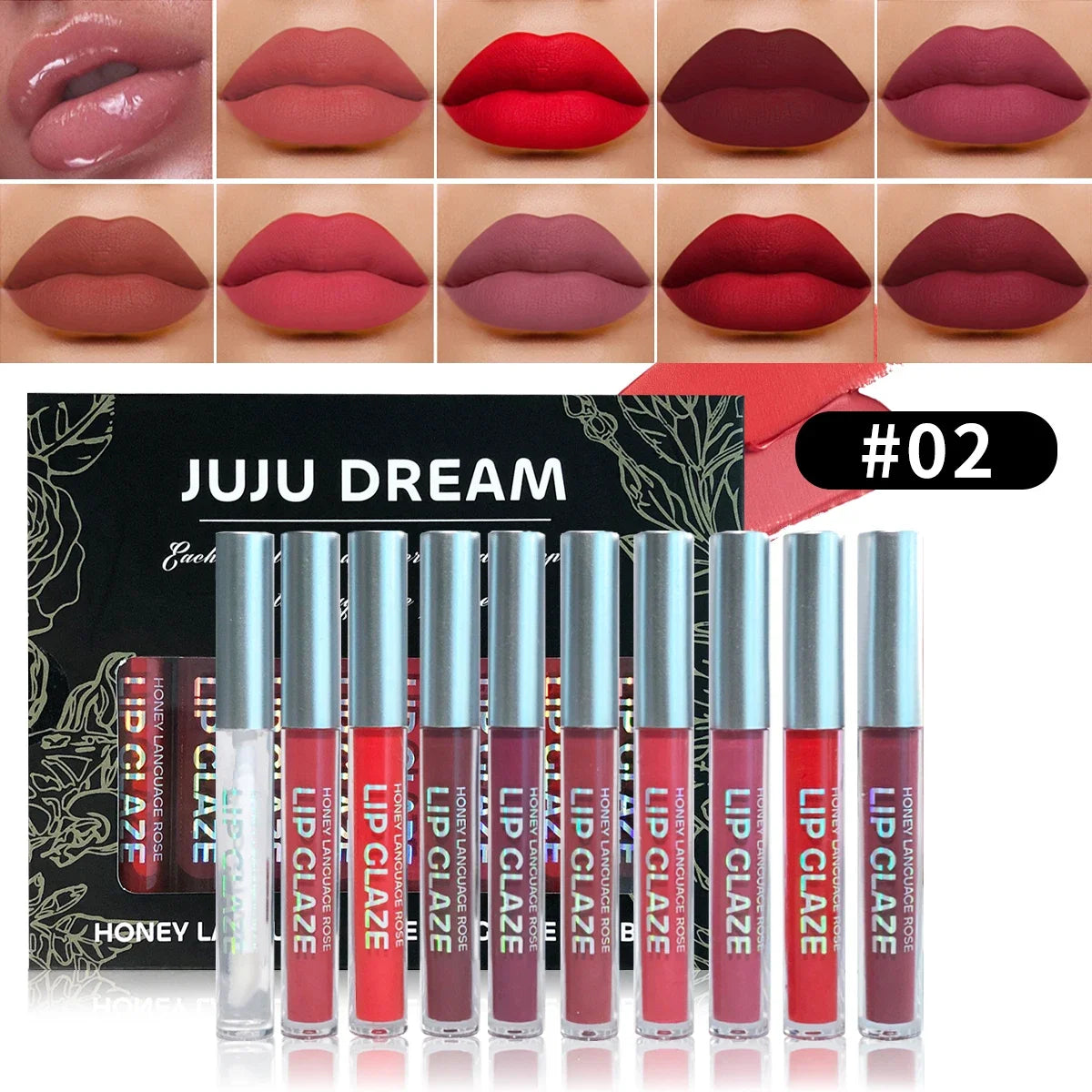 JUJU DREAM 10 pcs Honey Rose Lip Glaze Set Long-lasting Matte Velvet Lipstick Waterproof Lip Gloss Set Moisturizing Lip Gloss