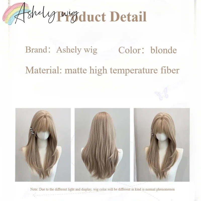Blonde Wig with Bangs 22inch Medium Straight Hair Wig for Women Soft Natural Heat Resistant Fibers Synthetic Wigs 가발  Peluca