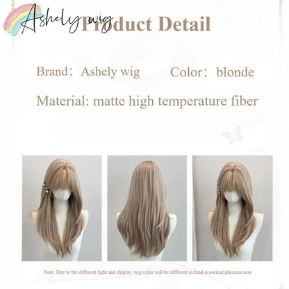 Blonde Wig with Bangs 22inch Medium Straight Hair Wig for Women Soft Natural Heat Resistant Fibers Synthetic Wigs 가발  Peluca
