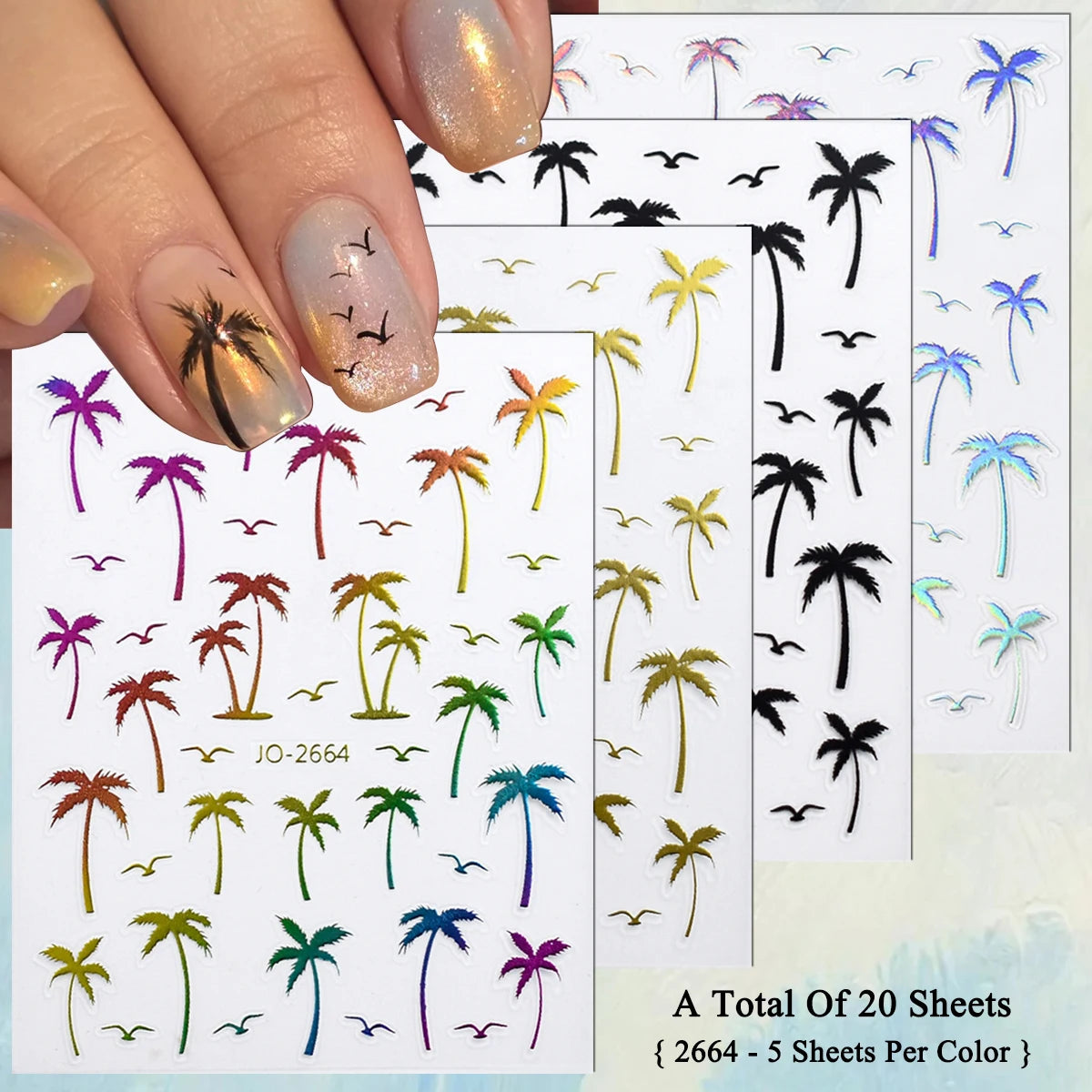 2/4/8/12/20 Sheets 3D Palm Tree Nail Stickers Tropical Coconut Tree Seagull Self Adhesive Summer Beach Nail Decals