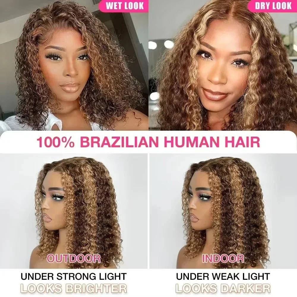 250 Density Highlight Short Bob 100% Human Hair Wigs Water Wave 13x4 HD Lace Front Wigs Ombre Blonde Deep Wave Lace Frontal Wig