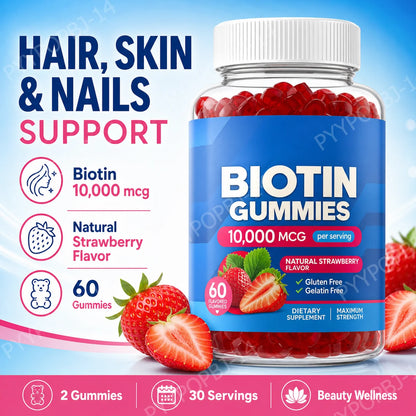 Biotin Gummies 10000 Mcg Hair Skin Nails Support, Vitamin B7 Beauty Supplement, Gluten Free Vegan Non-GMO Strawberry, 60 Gummies