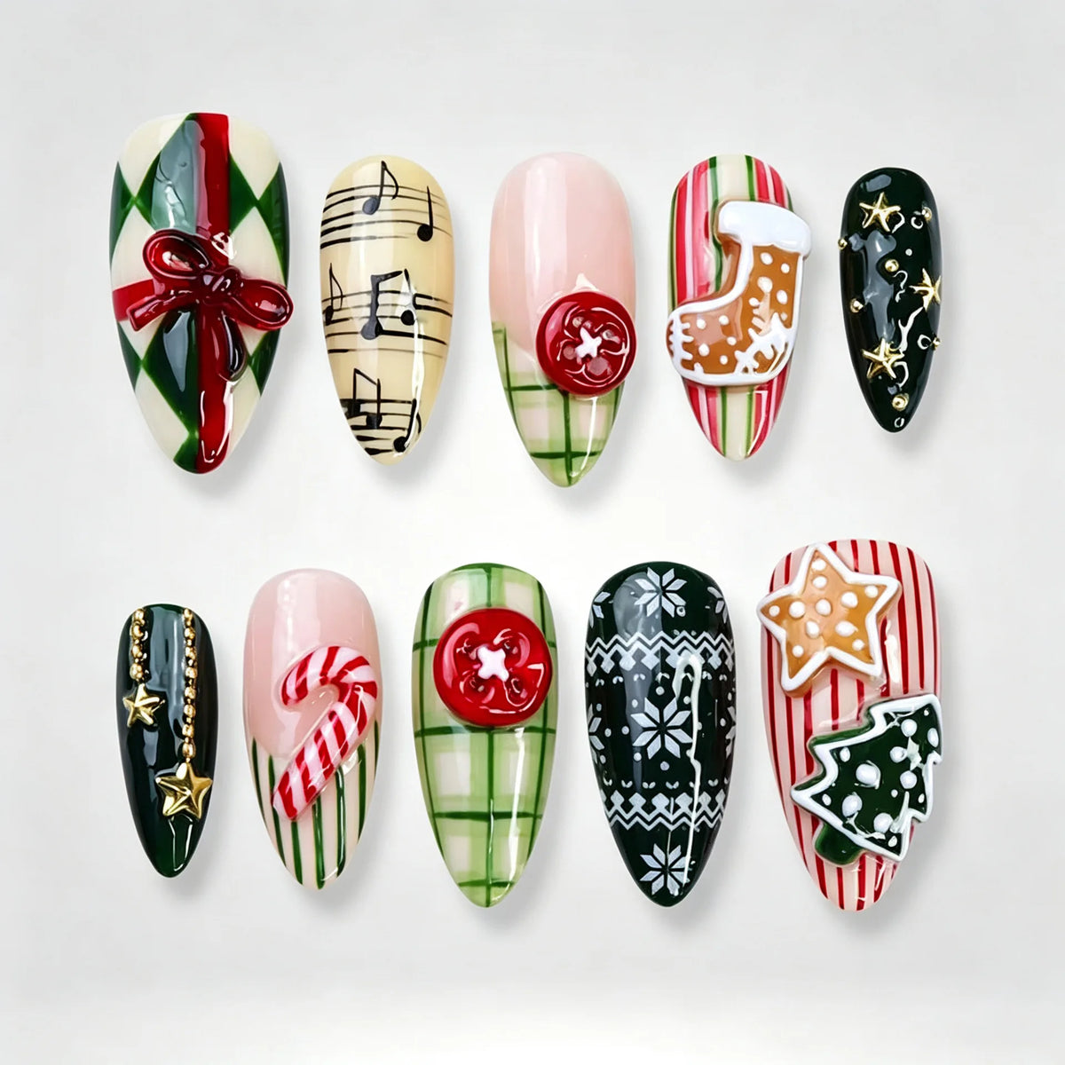 24PCS Christmas Red Almond Press on Nails Sweet 3D Gingerbread Man Xmas Tree Snowflake Design False Nails Wearable Acrylic Nails