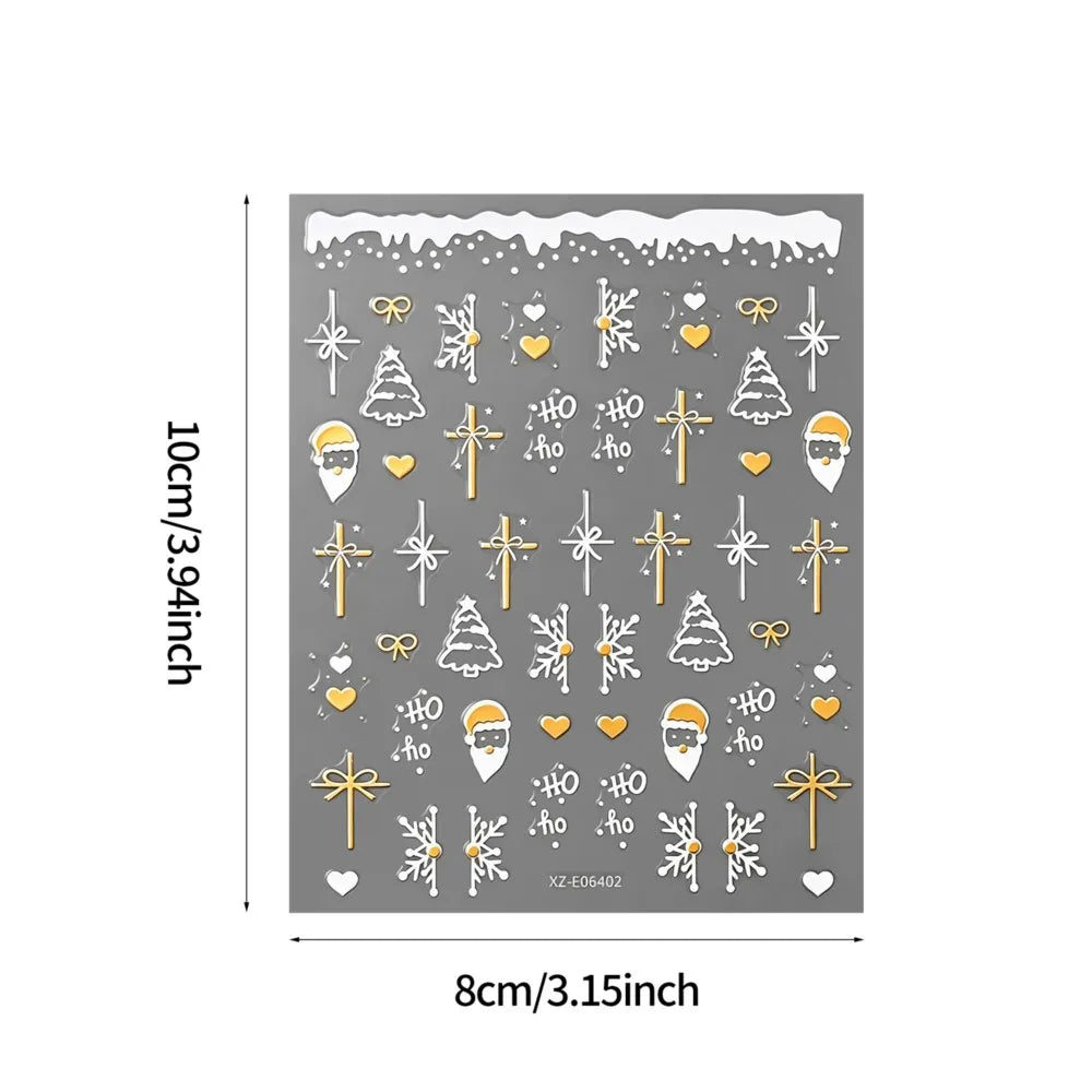 12pcs Gold White Snowflakes Snowman Santa Claus Christmas Nail Stickers Xmas Tree Elk Bow Nail Decals Winter Xmas Nail Supplies