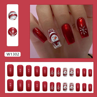 24Pcs/set Christmas Press on Nails Mid-length Square False Nails Snowman Pattern Wearable Fake Nail Art Uñas Накладные Ногти 네일팁