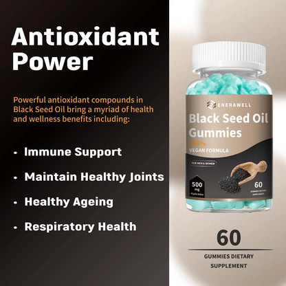 Black Seed Oil 500mg Per Serving - Premium Nigella Sativa Blackseed Gummies for Skin & Immune Support, Non GMO