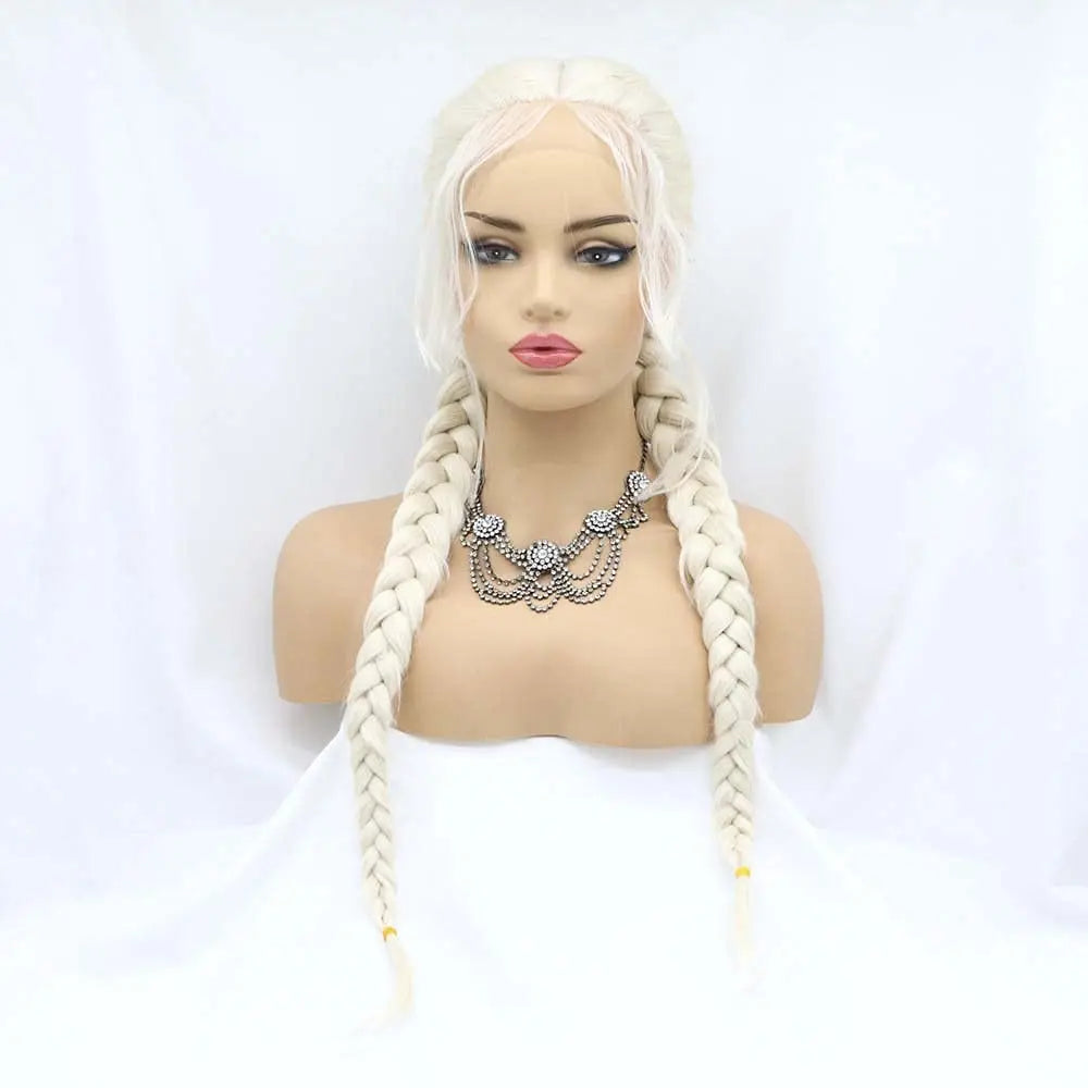 Sylvia Wigs60#Color Platinum Blonde Double Braid Synthetic Blonde Lace Front Braid Wigs  Hair Heat Resistant Fiber Braid