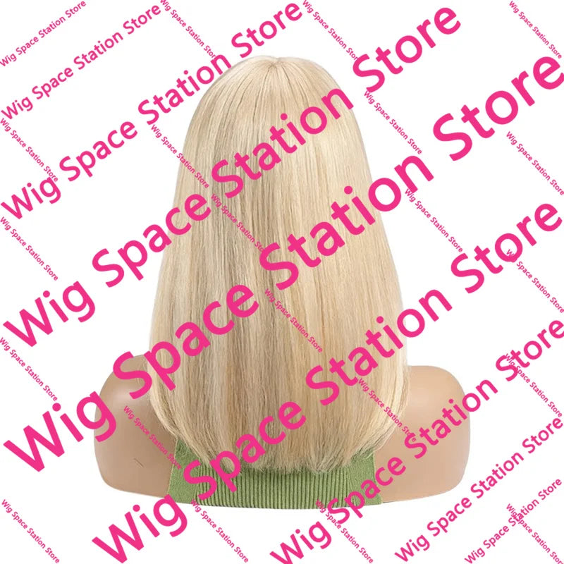 #613 Platinum Blonde Short Bob Wig with Bangs Natural Straight Shoulder Length Wig Heat Resistant Synthetic Daily Wear Full Wig
