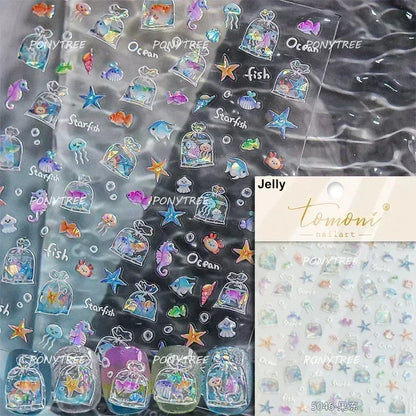 Gold Stamped Shell Conch Scallop Starfish Pearl 5D Embossed Self Adhesive Nail Art Stickers Delicate Ocean Style Manicure Decals