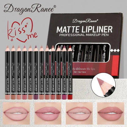 Long Lasting Matte Lip Liner 12 Colors Set Waterproof High Pigment Nude Wooden Pencil Lip Makeup Kit for Daily Use