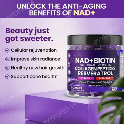 Biotin Collagen Gummies with NAD+ Resveratrol Vitamin D3 K2 Zinc Daily Beauty Wellness Supplement 60 Count Berry Flavor