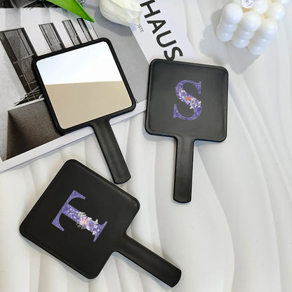 Fashion Universal Square Handheld Makeup Mirror With Handle Portable Vanity Mirror Initial Name Purple Flower 26 Letters Pattern