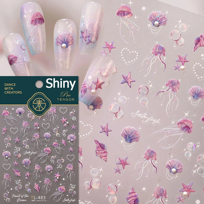 Gold Stamped Shell Conch Scallop Starfish Pearl 5D Embossed Self Adhesive Nail Art Stickers Delicate Ocean Style Manicure Decals