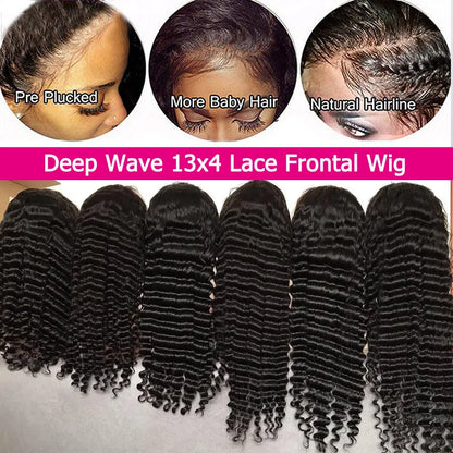 210 Density Deep Wave Human Hair Wigs 13x4 Transparent Lace Front Deep Curly Wigs Pre Plucked Virgin Raw Real Human Hair Wigs