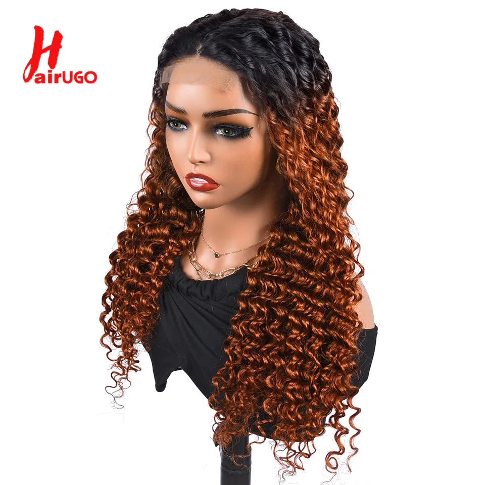 T1B/Orange Deep Wave Lace Closure Wig For Women Ombre Orange Lace Closure Human Hair Wigs With Baby Hair Remy Preplucked HairUGo