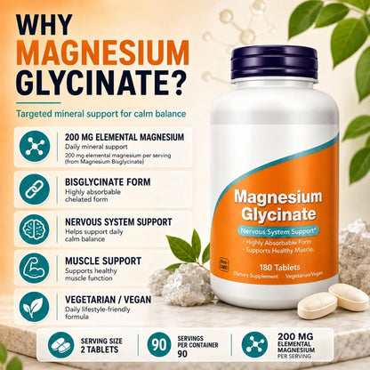 Magnesium Glycinate Tablets 200mg, High Absorption Vegan Non-GMO Formula for Nervous System Muscle Relaxation Support, 180 Count