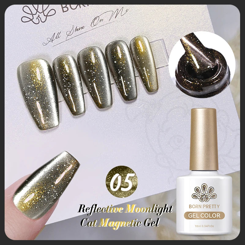 BORN PRETTY 10ml Rainbow Glass Cat Magnetic Nail Gel Polish Sparkling Double Light Reflective Glitter Colorful Laser Varnish