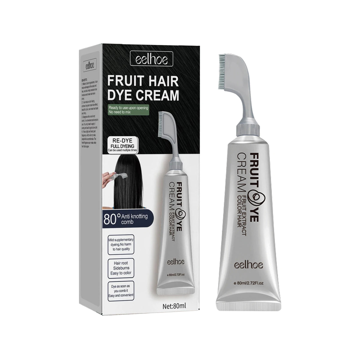Fruit and Vegetable Hair Cream, Naturally Gentle, Long-Lasting, Does Not Damage Scalp or Hair, Easy to Color, Black Hair Cr