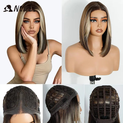 Noble Synthetic Lace Front Wigs For Women 12 Inch Pre Plucked Pre-Cut Ombre Brown Blonde Straight Layered Bob Wig Cosplay Wig