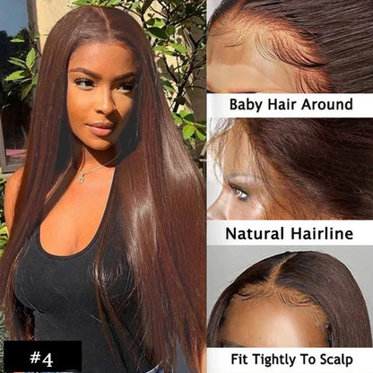 Sleek Chocolate Brown Color 4# Brazilan Straight Lace Frontal 13x5 Human Hair Wigs HD Lace Transparent Wig Natural Remy Glueless