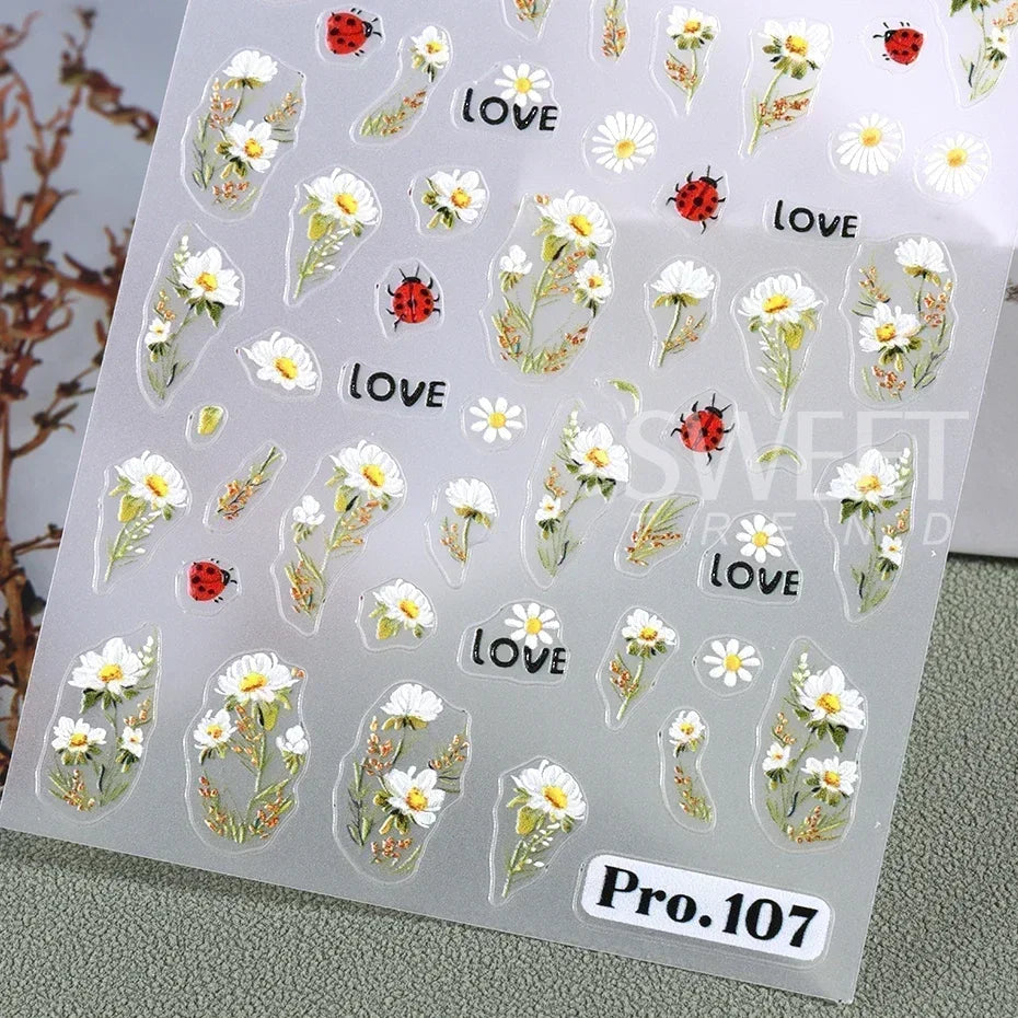 5D Daisy Flower Nail Stickers Cute Bee Blossom Petal Insect Self Adhesive Manicure Decal DIY Spring Summer Nail Art Decoration