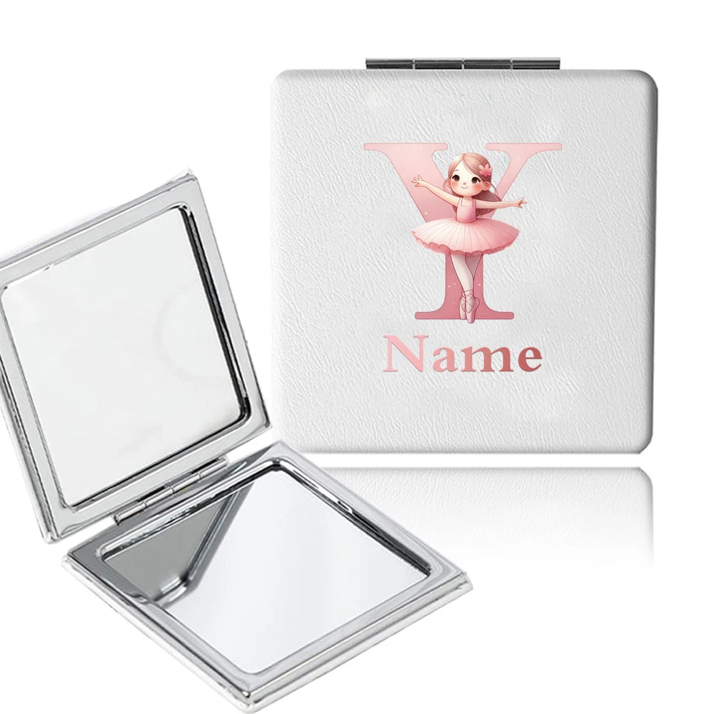 Customized Name PU Handheld Makeup Mirror Cover Dressing Double-Sided Portable Foldable Pocket Cosmetic Mirror